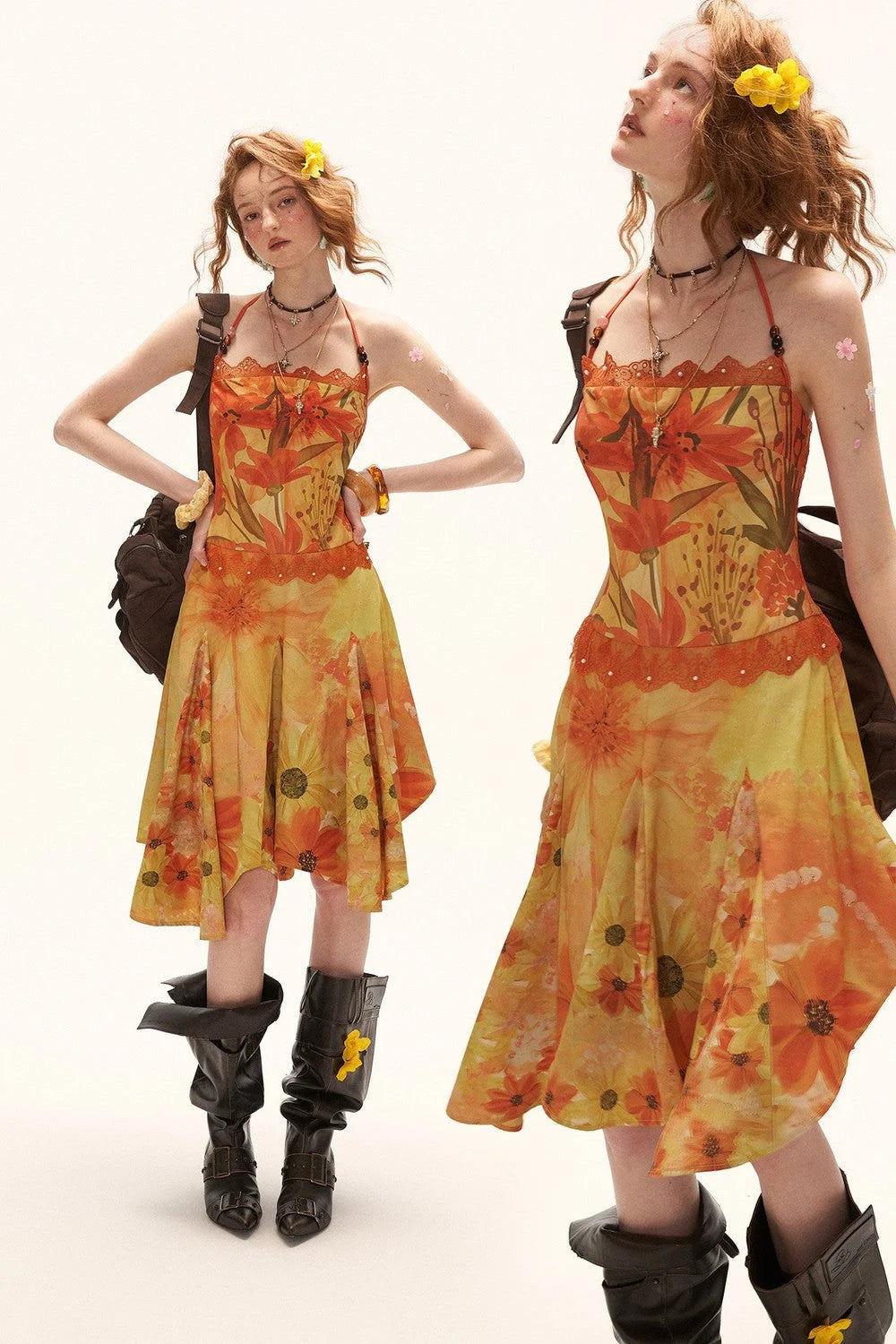 Yellow Floral Halter Dress