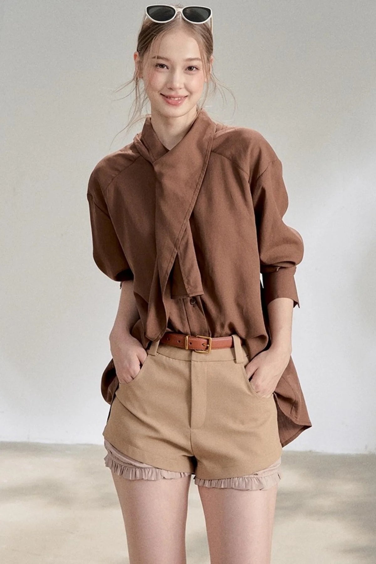 Yellow Lace-up Stand Collar Shirt