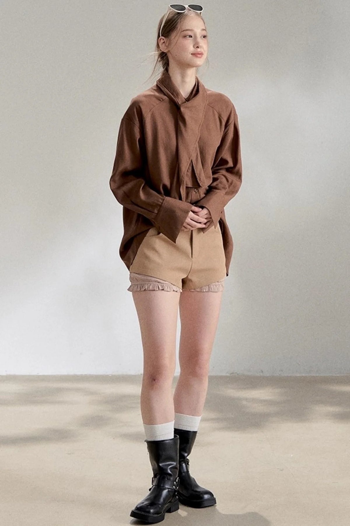 Yellow Lace-up Stand Collar Shirt