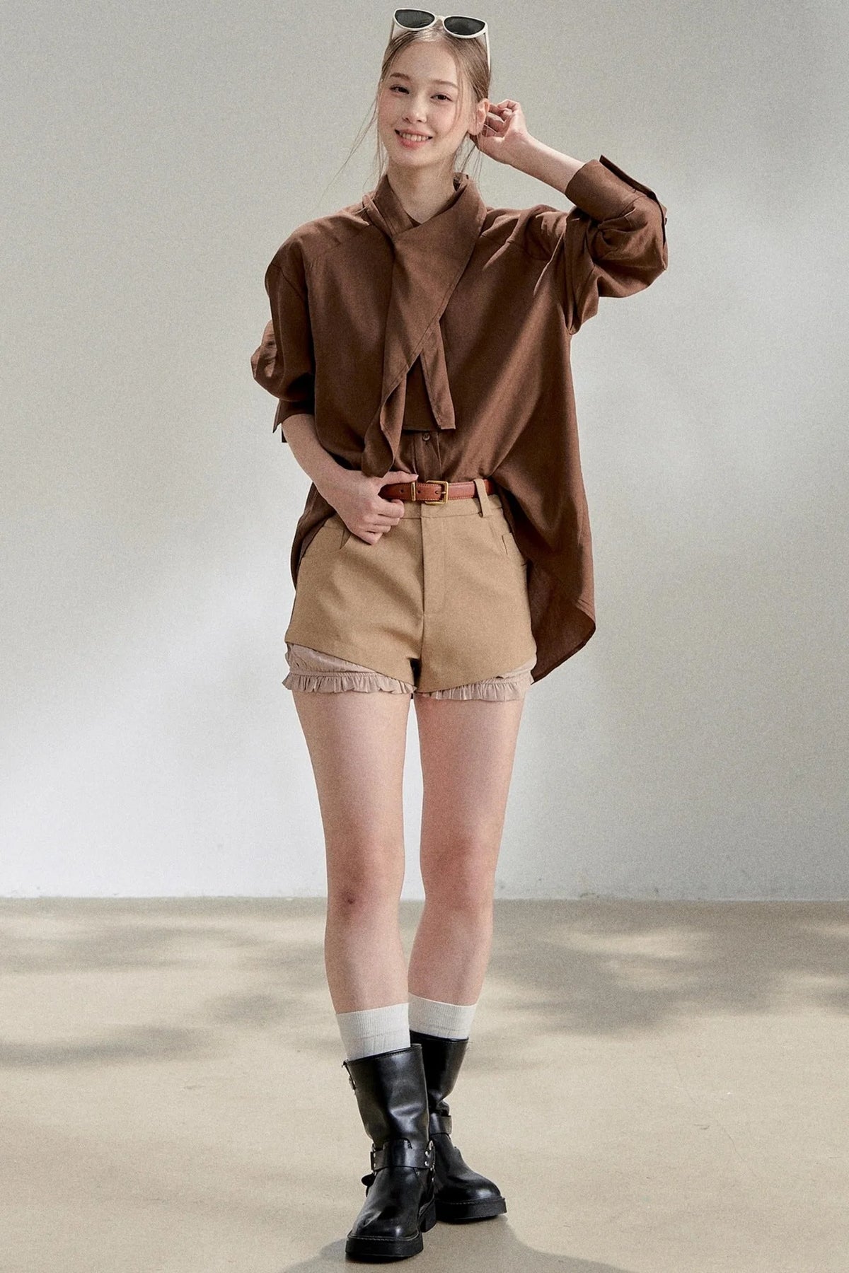 Yellow Lace-up Stand Collar Shirt