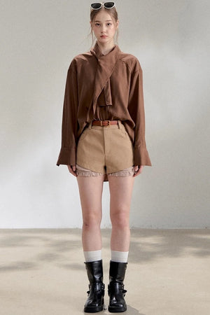 Yellow Lace-up Stand Collar Shirt