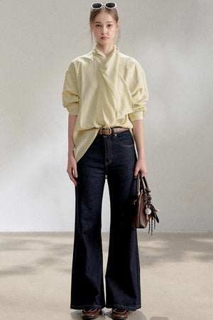 Yellow Lace-up Stand Collar Shirt