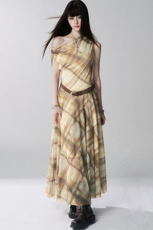 Yellow Plaid Off-Shoulder Dress Set