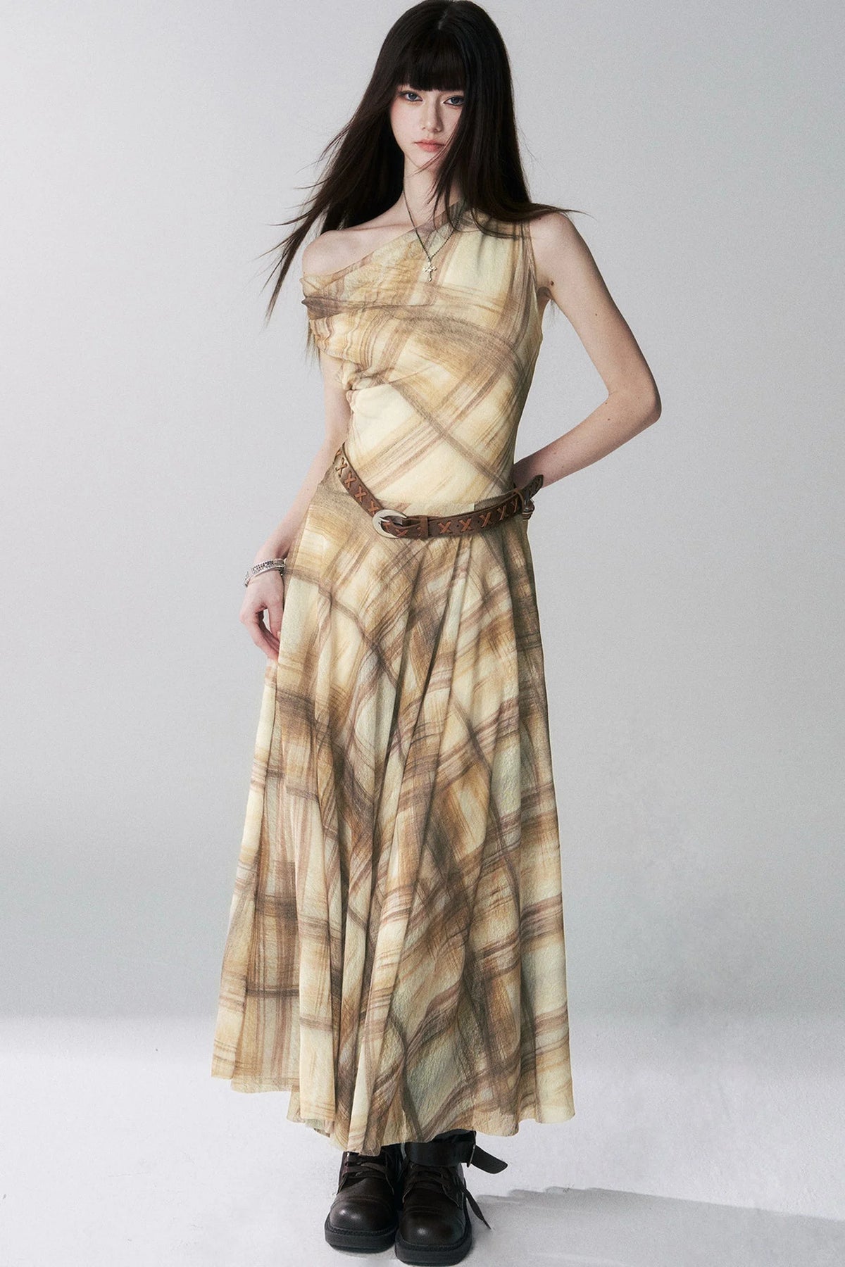 Yellow Plaid Off-Shoulder Dress Set