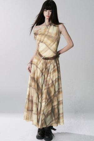Yellow Plaid Off-Shoulder Dress Set