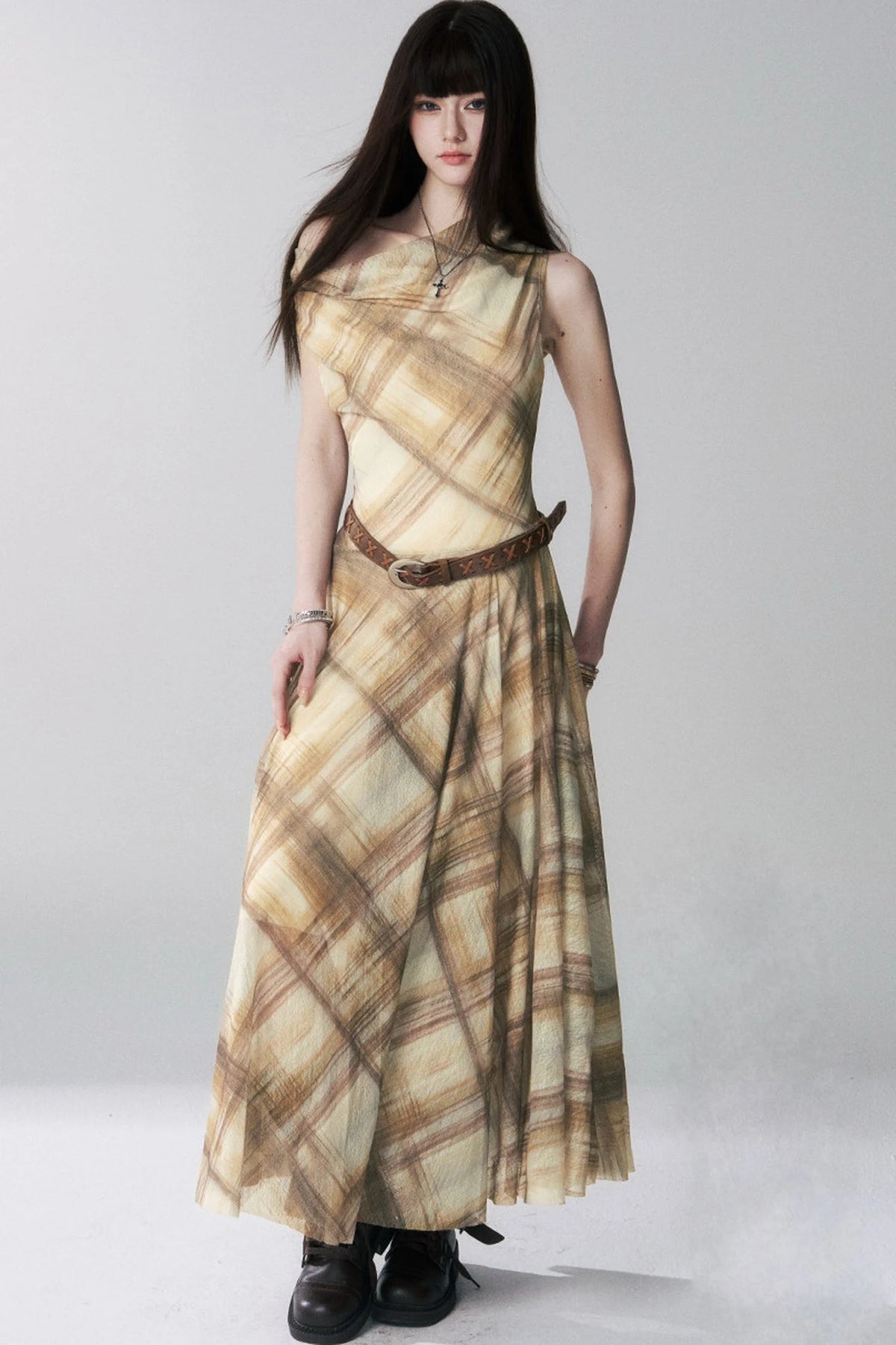 Yellow Plaid Off-Shoulder Dress Set