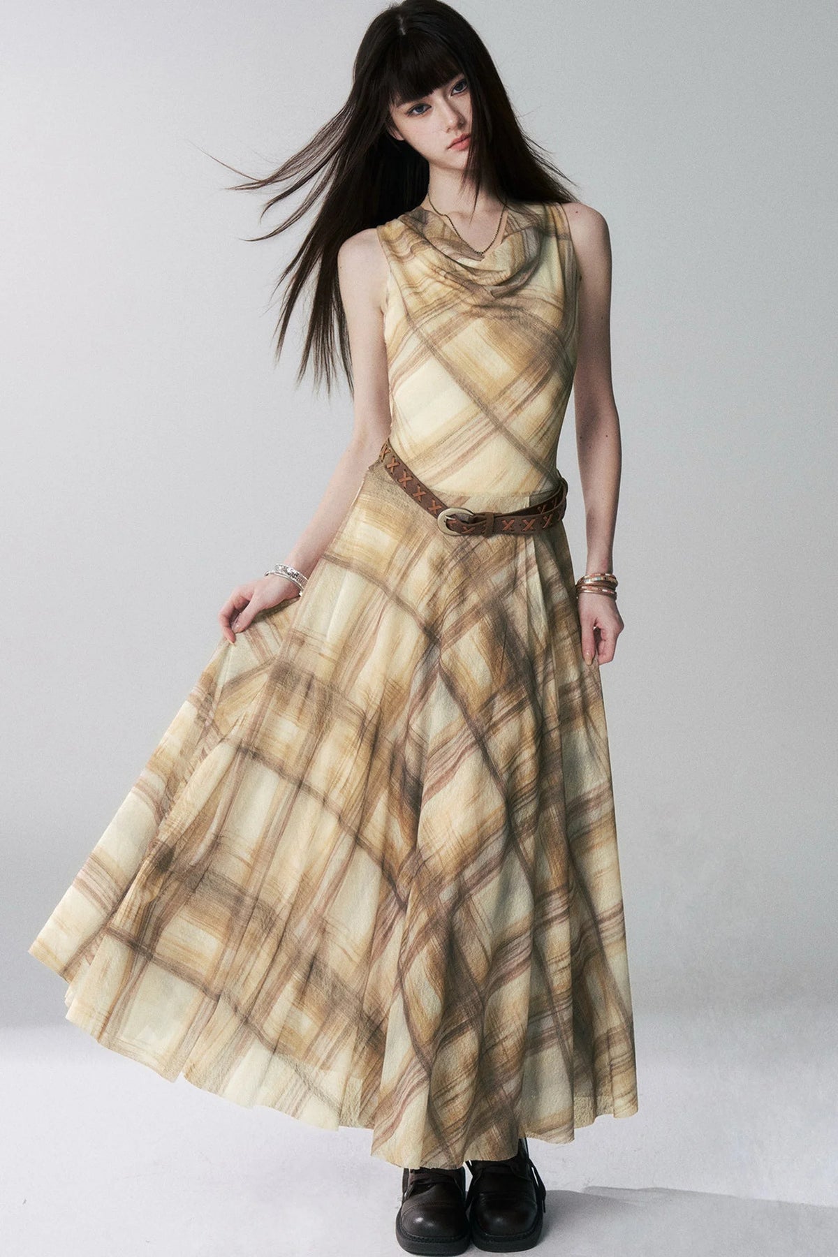 Yellow Plaid Off-Shoulder Dress Set