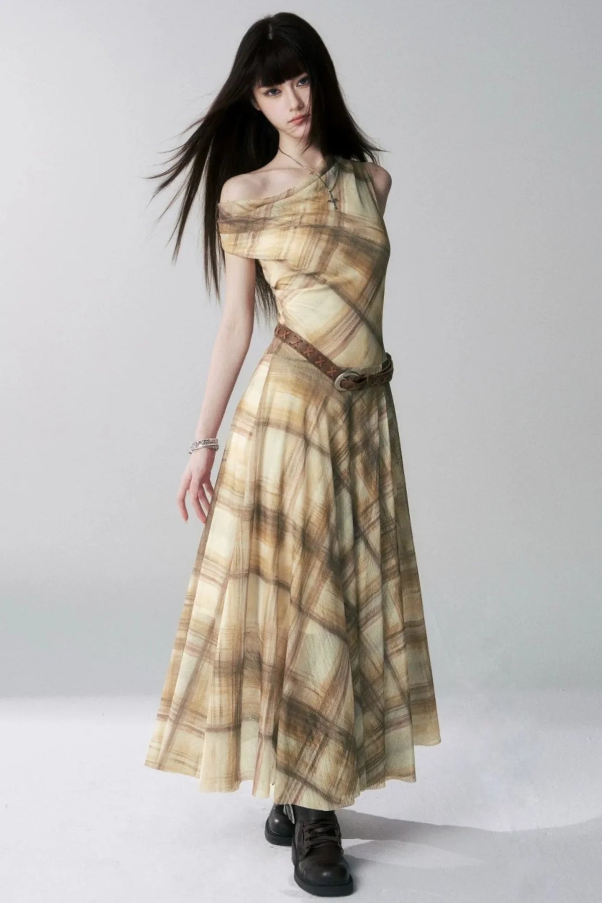 Yellow Plaid Off-Shoulder Dress Set