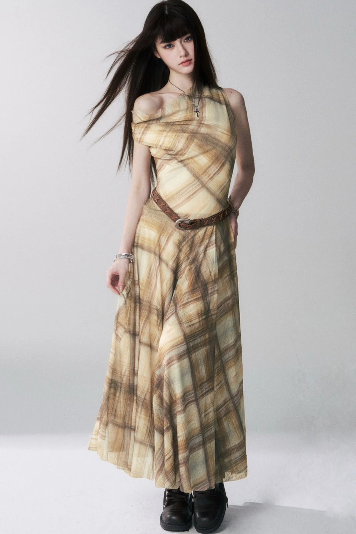 Yellow Plaid Off-Shoulder Dress Set