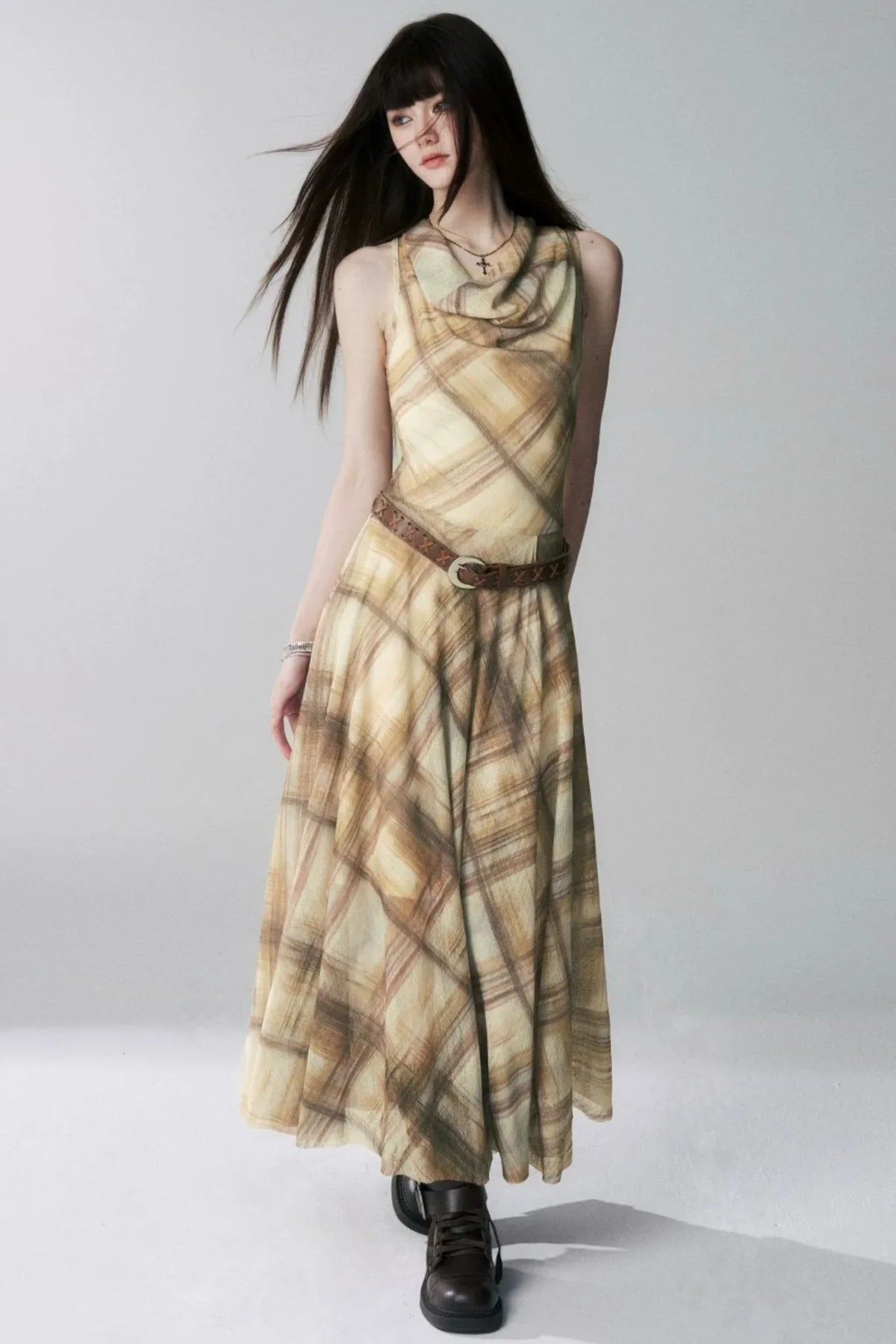 Yellow Plaid Off-Shoulder Dress Set