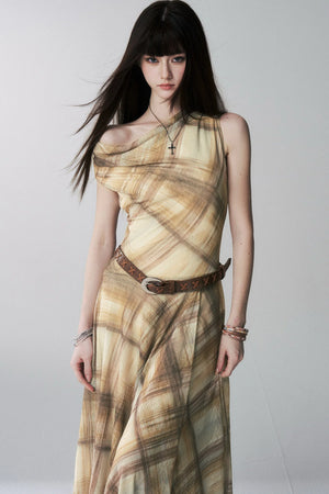 Yellow Plaid Off-Shoulder Dress Set