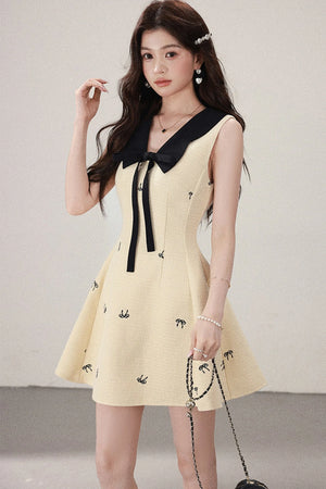 Yellow Sleeveless Bow Collar Dress