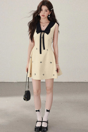 Yellow Sleeveless Bow Collar Dress