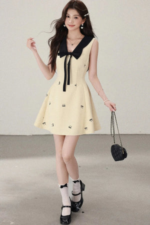 Yellow Sleeveless Bow Collar Dress