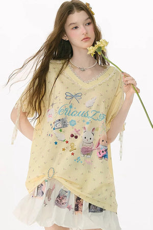 Yellow V-Neck Lace Floral T-Shirt