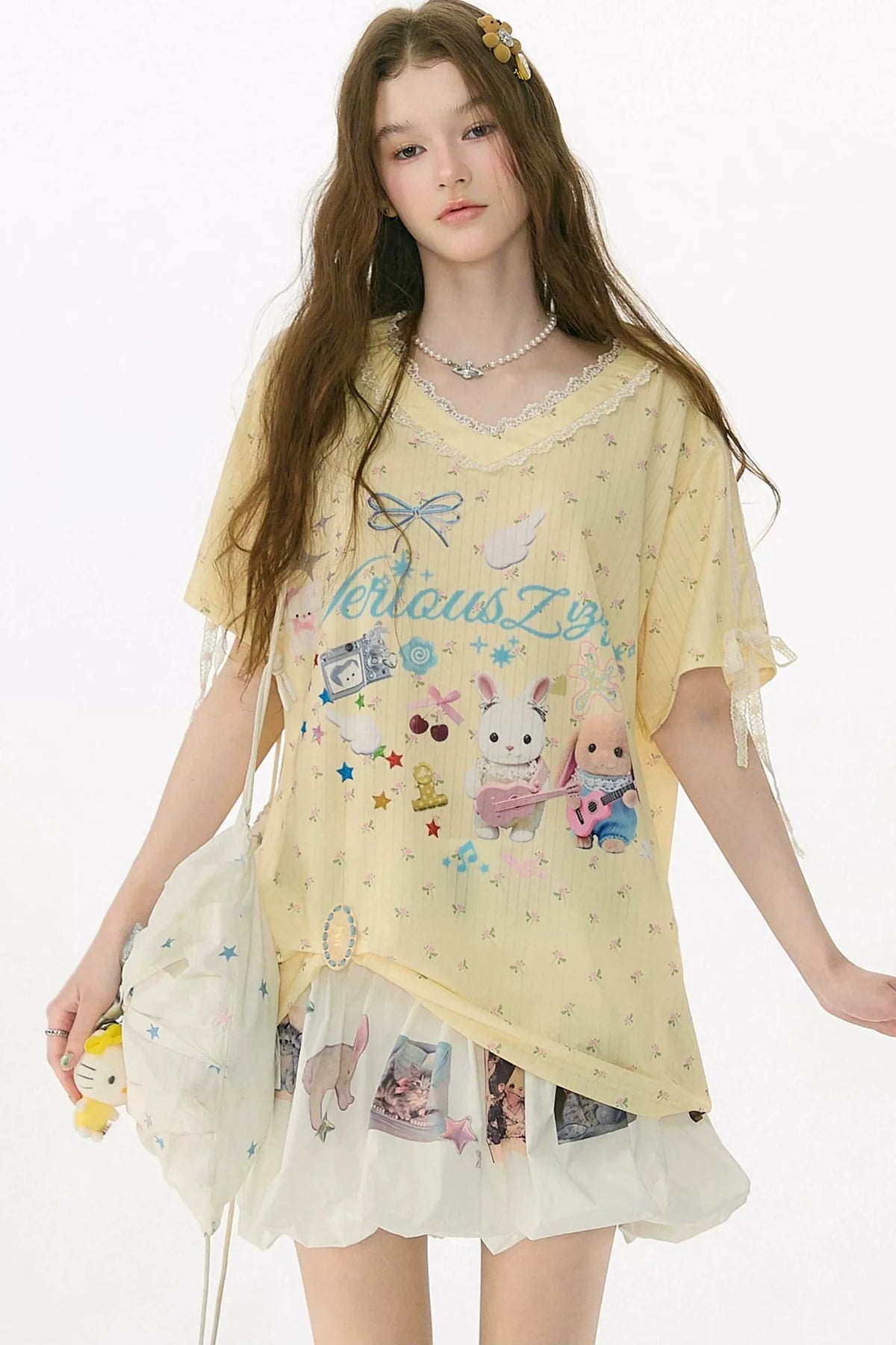 Yellow V-Neck Lace Floral T-Shirt