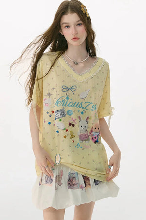Yellow V-Neck Lace Floral T-Shirt