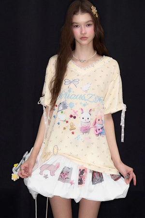 Yellow V-Neck Lace Floral T-Shirt