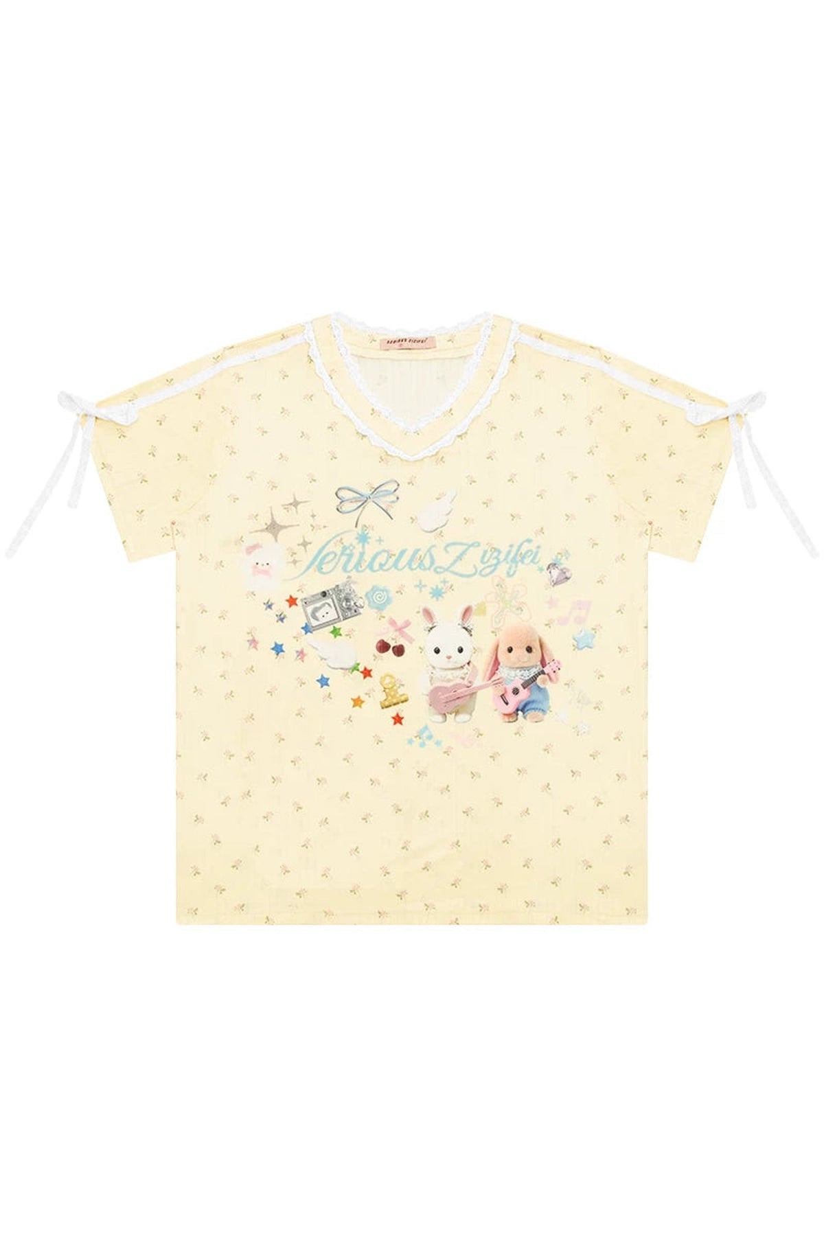 Yellow V-Neck Lace Floral T-Shirt