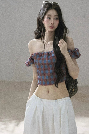 Youthful Plaid Off-Shoulder Top