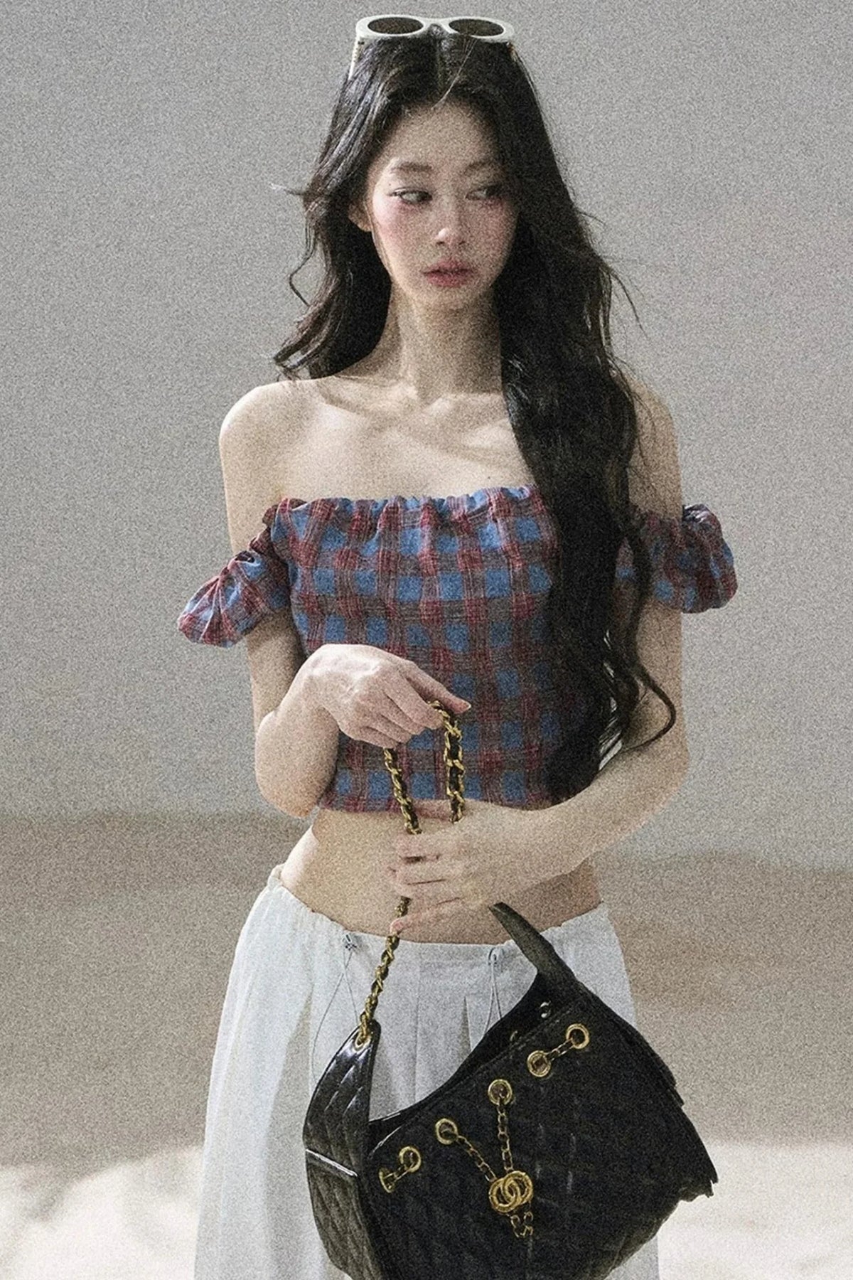 Youthful Plaid Off-Shoulder Top