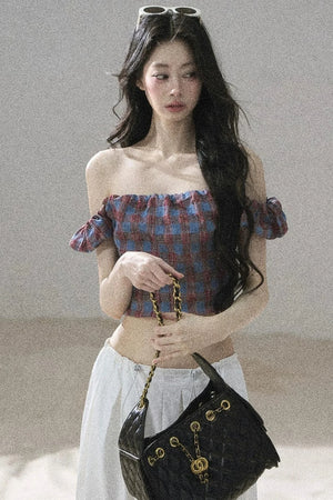 Youthful Plaid Off-Shoulder Top