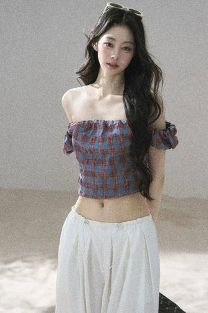 Youthful Plaid Off-Shoulder Top