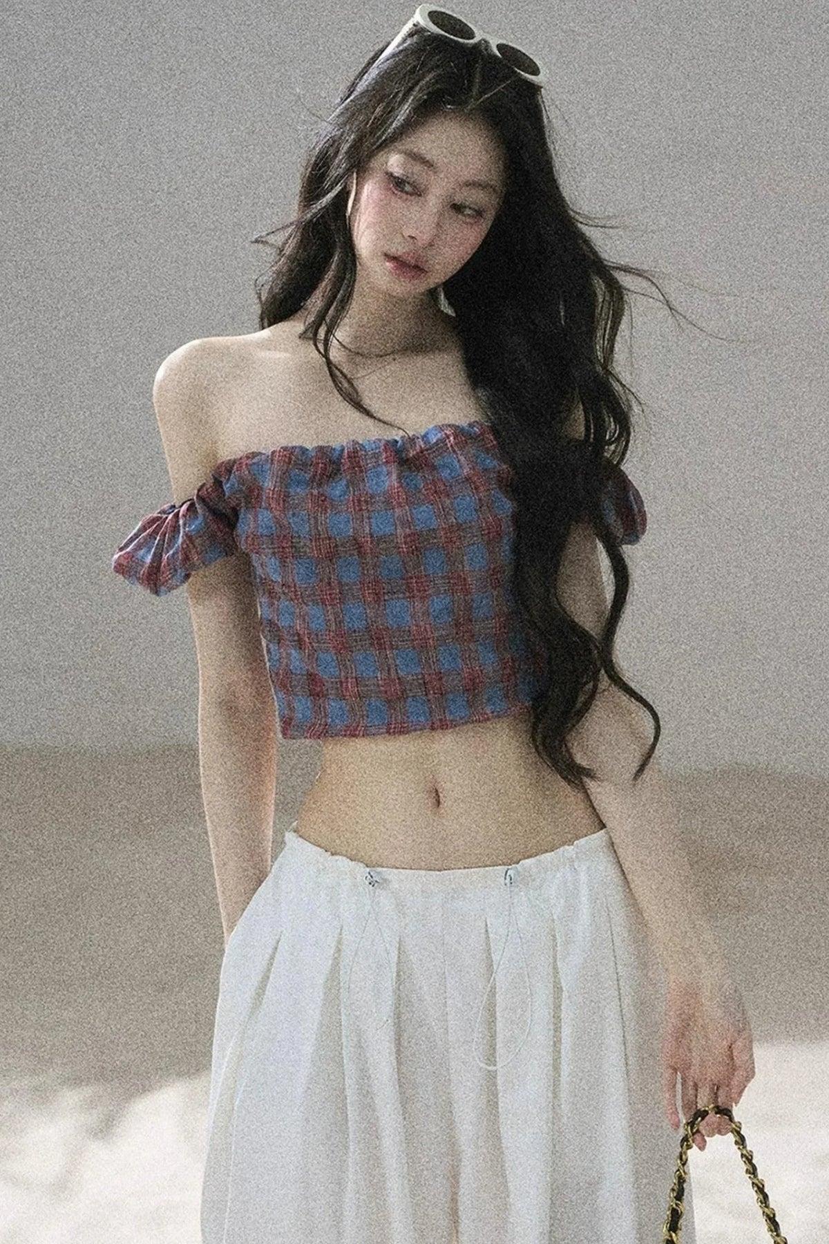 Youthful Plaid Off-Shoulder Top