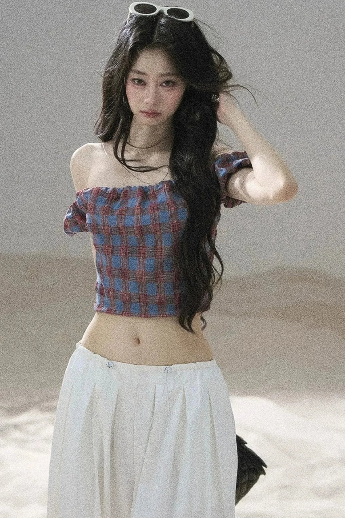 Youthful Plaid Off-Shoulder Top