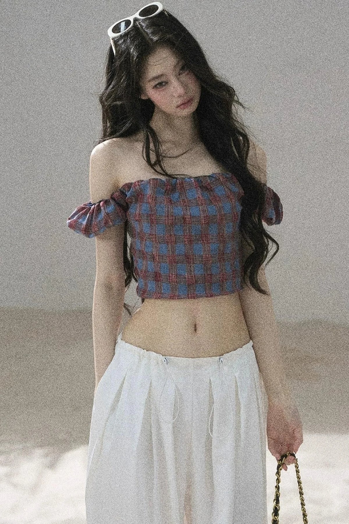 Youthful Plaid Off-Shoulder Top