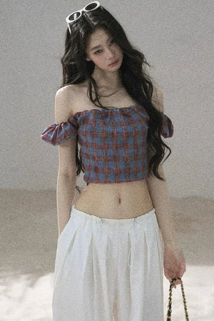 Youthful Plaid Off-Shoulder Top