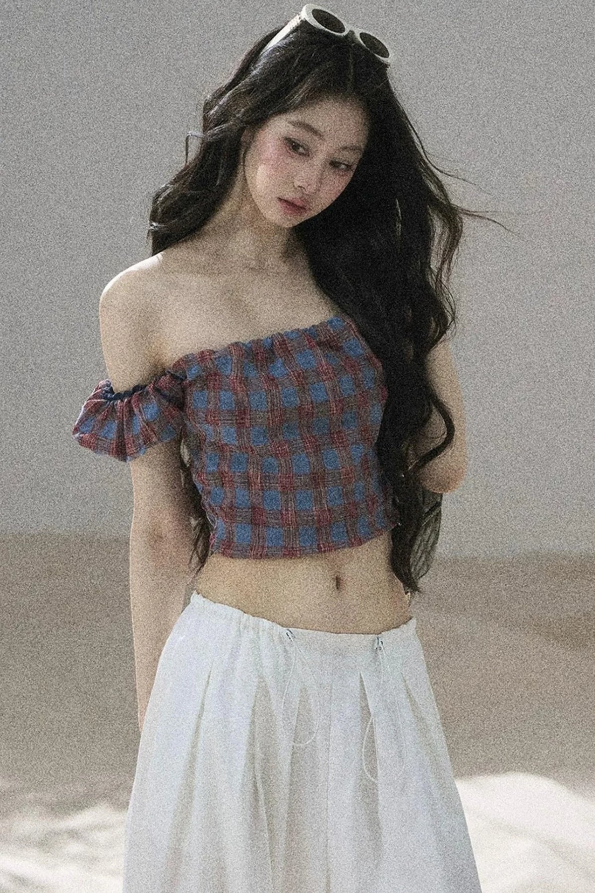 Youthful Plaid Off-Shoulder Top