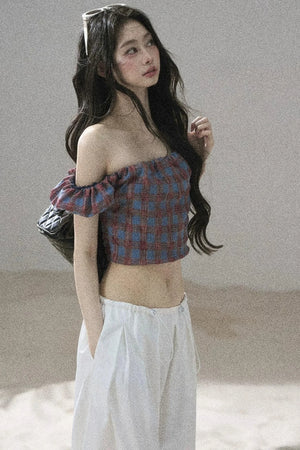 Youthful Plaid Off-Shoulder Top