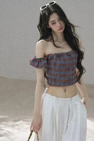 Youthful Plaid Off-Shoulder Top