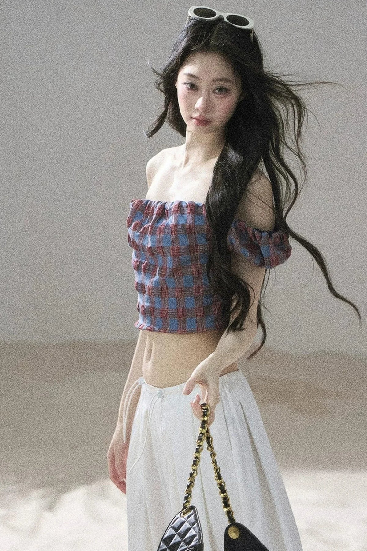 Youthful Plaid Off-Shoulder Top