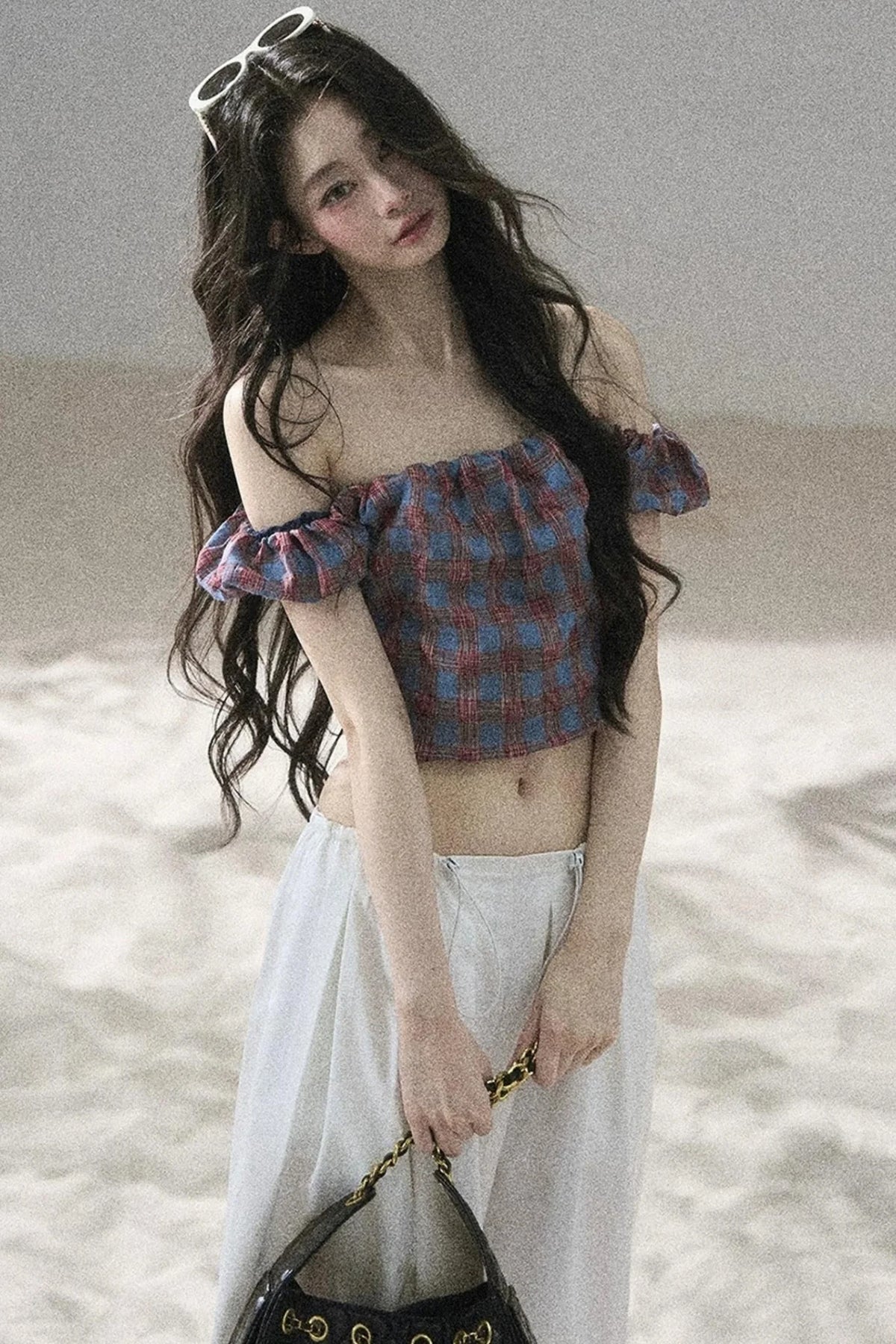 Youthful Plaid Off-Shoulder Top