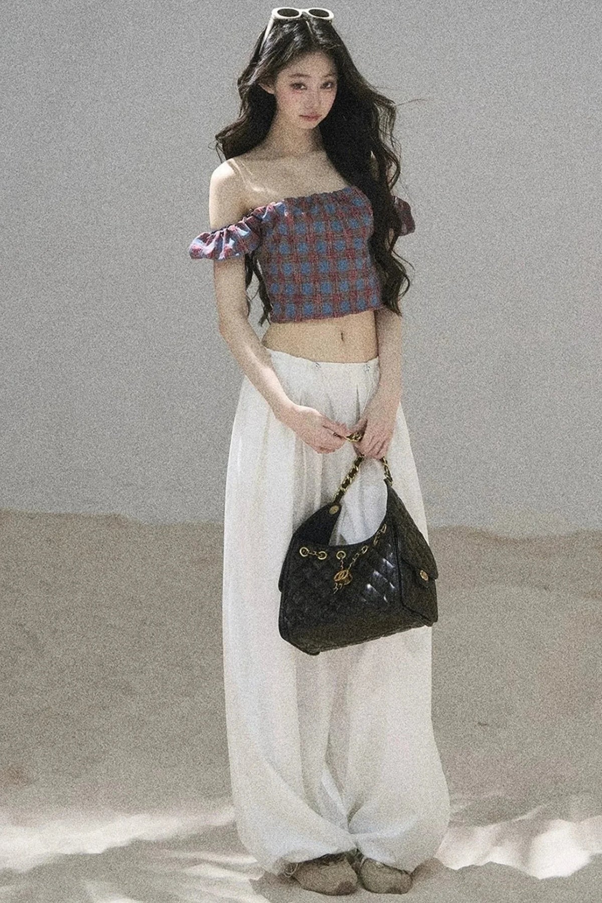 Youthful Plaid Off-Shoulder Top
