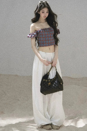 Youthful Plaid Off-Shoulder Top