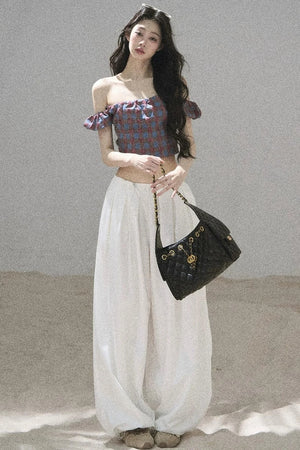 Youthful Plaid Off-Shoulder Top