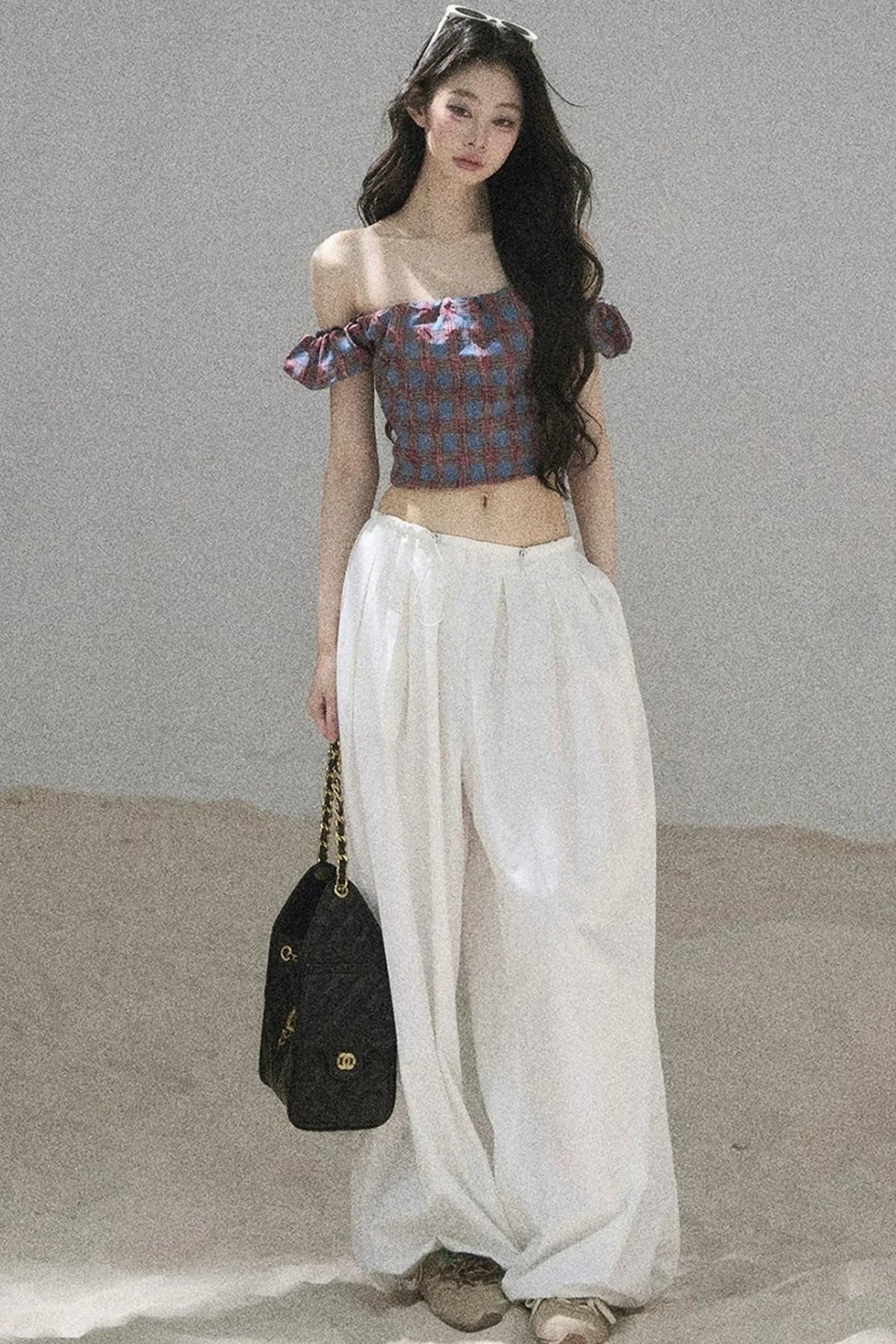 Youthful Plaid Off-Shoulder Top