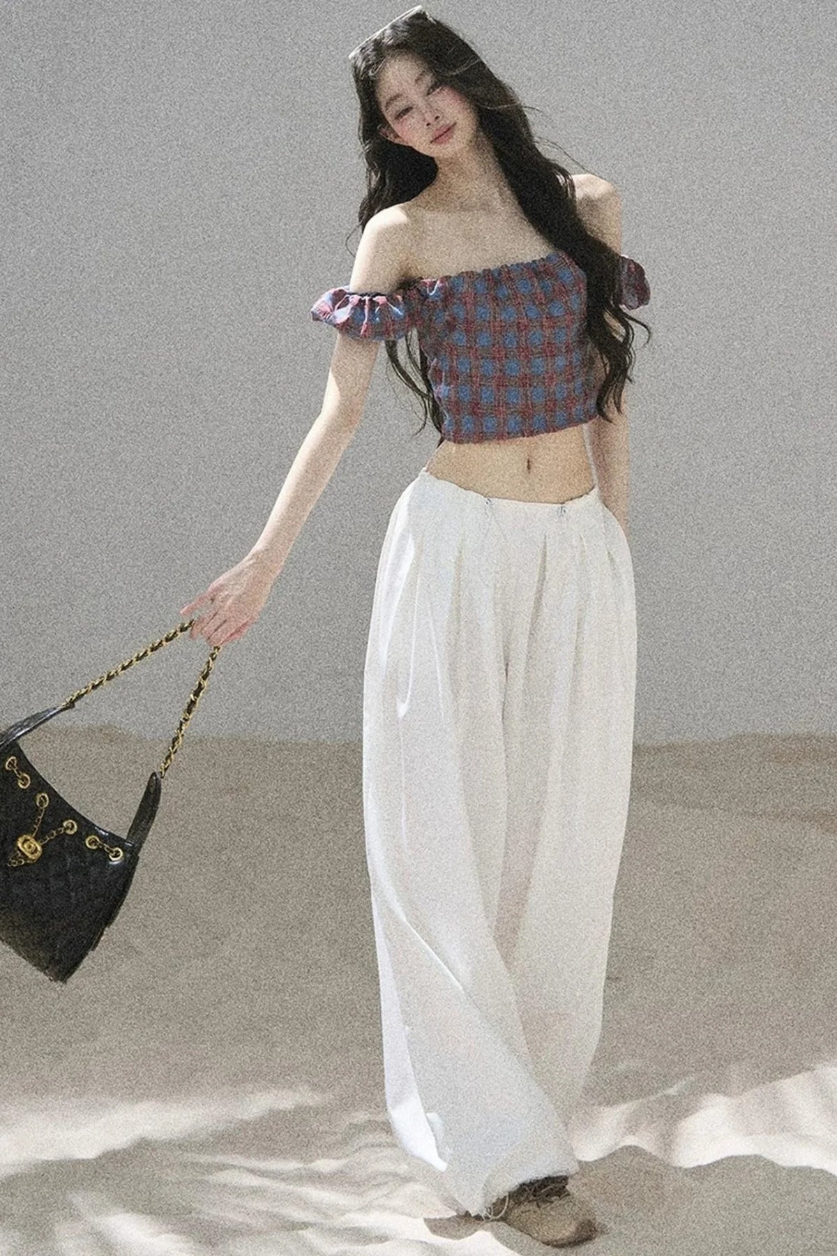 Youthful Plaid Off-Shoulder Top